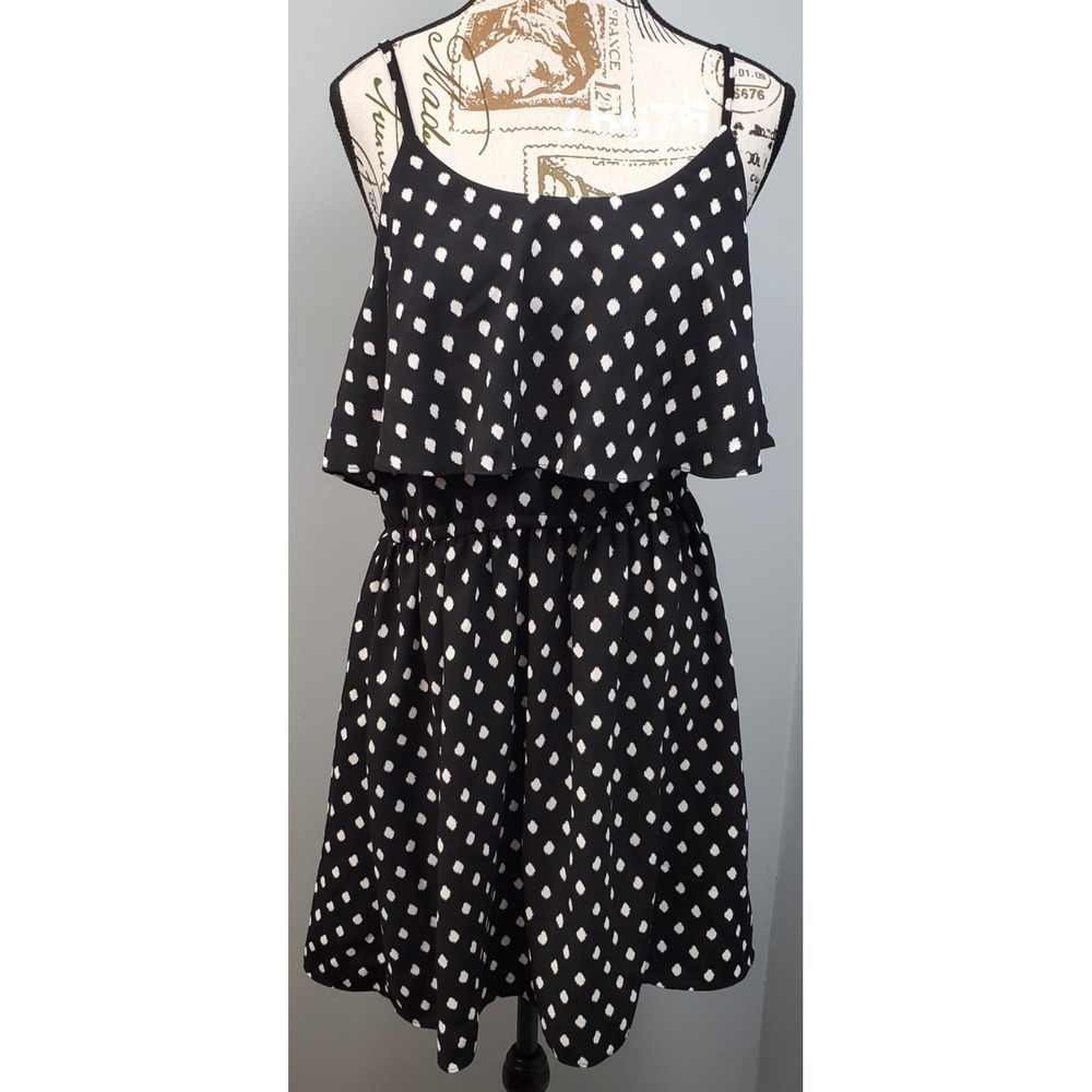 Elle Sundress Womens Medium Black White Tribal Dot Tiered Cinch Waist Sleeveless